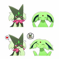 :3 alternate_color animated closed_eyes closed_mouth comic commentary_request ear_wiggle espeon forehead_jewel gen_2_pokemon green_fur happy heart imitating light_blush looking_at_another meowscarada nintendo pink_eyes pokemon pokemon_(creature) shiny_pokemon silent_comic simple_background slit_pupils smile speech_bubble spoken_character spoken_heart tagme taro_(tontaro) thought_bubble upper_body video white_background