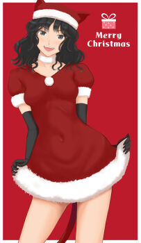 1girl amagami animal_ear_headwear black_eyes black_gloves black_hair breasts christmas collarbone commentary covered_navel curly_hair dress elbow_gloves english_text fake_animal_ears fake_tail fur-trimmed_dress fur-trimmed_headwear fur_collar fur_trim gloves gluteal_fold hat highres looking_at_viewer medium_hair merry_christmas messy_hair official_alternate_costume open_mouth outside_border red_background red_dress red_hat santa_costume santa_dress short_dress short_sleeves simple_background skirt_hold small_breasts smile solo tail takemi_kaoru tanamachi_kaoru teeth upper_teeth_only wavy_hair
