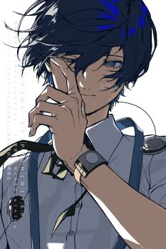 1boy ao_(rkdy_yd) black_ribbon blue_hair closed_mouth collared_shirt commentary_request earphones_removed gekkoukan_high_school_uniform grey_eyes hair_between_eyes highres male_focus neck_ribbon one_eye_closed persona persona_3 ribbon school_uniform shirt short_hair short_sleeves solo twitter_username upper_body watch white_background white_shirt wristwatch yuuki_makoto_(persona_3)