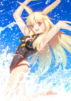 1girl :d arms_up bare_arms barefoot black_one-piece_swimsuit blonde_hair blue_background breasts bright_pupils cleavage_cutout clothing_cutout dynamic_pose fate/grand_order fate_(series) floating_hair foot_out_of_frame game_cg hair_wings halterneck leg_up long_hair long_sidelocks looking_at_viewer medium_breasts official_art one-piece_swimsuit open_mouth red_eyes side_cutout sidelocks smile solo splashing swimsuit takeuchi_takashi teeth third-party_source thrud_(fate) thrud_(swimsuit_assassin)_(fate) upper_teeth_only valkyrie_(fate) very_long_hair white_pupils