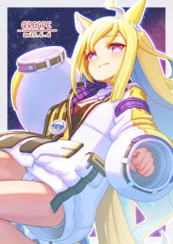 1girl ahoge animal_ears badge bandeau black_bandeau blonde_hair blue_eyes blue_hair blush breasts button_badge closed_mouth colored_inner_hair commentary_request creape diamond_hair_ornament ear_covers hair_between_eyes hair_ornament highres horse_ears horse_girl horse_tail jacket long_hair long_sleeves multicolored_hair neo_universe_(umamusume) neo_universe_(universe-naut)_(umamusume) shorts single_ear_cover sleeves_past_fingers sleeves_past_wrists solo tail two-tone_hair two-tone_tail umamusume white_jacket white_shorts