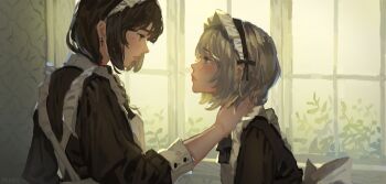 2girls absurdres apron back_bow black_bow black_bowtie black_dress black_hair black_hairband blue_eyes bow bowtie brown_eyes bush buttons closed_mouth collared_shirt commentary_request criss-cross_back-straps cross cross_earrings day dress earrings expressionless face-to-face frilled_apron frills frithuric from_side grey_hair hair_bow hairband hand_on_own_neck highres indoors jewelry light_blush light_frown lipstick long_sleeves maid maid_headdress makeup mole mole_under_eye multiple_girls original pink_lips pointy_nose shirt short_hair single_stripe sleeve_cuffs striped_bow upper_body white_apron white_bow window yuri