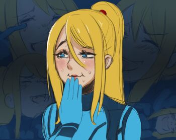 1girl absurdres animated animated_gif arm_at_side armpit_crease artist_request blonde_hair blue_bodysuit blue_eyes blush bodysuit breasts closed_eyes collarbone covering_own_mouth eyelashes female_focus hair_between_eyes hand_up happy high_ponytail highres large_breasts laughing lips long_hair looking_to_the_side metroid mole mole_under_mouth multiple_views neck nintendo open_mouth parted_lips ponytail samus_aran sidelocks skin_tight source_request sweat swept_bangs tears trembling upper_body zero_suit