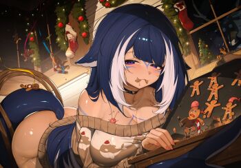 1girl absurdres ahoge bent_over black_hair body_markings breasts cetacean_tail choker christmas_sweater commentary dutch_angle english_commentary facial_mark fins fish_tail gingerbread_man gingerbread_man_(shrek) greatodoggo heart heart_ahoge heart_choker highres indie_virtual_youtuber large_breasts long_hair looking_at_viewer mouth_hold multicolored_hair orca_girl purple_eyes second-party_source shrek_(series) shylily solo streaked_hair tail virtual_youtuber white_hair