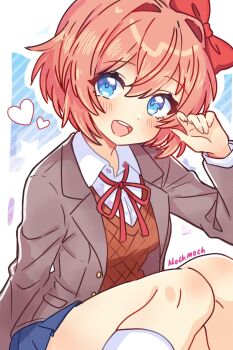 Rule 34 | 1girl, blue eyes, blue skirt, bow, brown vest, doki doki literature club, doki doki literature club school uniform, grey jacket, hair bow, hair intakes, hashtag-only commentary, heart, highres, jacket, kneehighs, looking at viewer, miniskirt, neck ribbon, open clothes, open jacket, open mouth, pastel.moch, pink hair, red bow, red ribbon, ribbon, sayori (doki doki literature club), school uniform, shirt, short hair, sidelocks, sitting, skirt, smile, socks, solo, teeth, upper teeth only, vest, white shirt, white socks