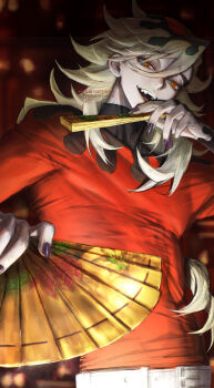 Rule 34 | 1boy, absurdres, blonde hair, commentary request, douma (kimetsu no yaiba), gohan-1218, hair between eyes, highres, kimetsu no yaiba, long hair, looking at viewer, male focus, patterned hair, red shirt, shirt, solo, tight clothes, tight shirt