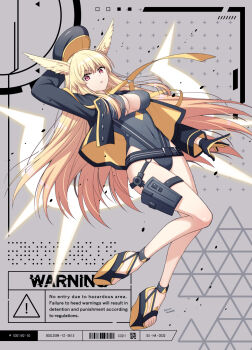 1girl belt black_belt black_gloves black_hat black_jacket black_one-piece_swimsuit black_sandals blonde_hair breasts buttons clothing_cutout commentary_request english_text fate/grand_order fate_(series) full_body gloves hat head_wings highres jacket long_hair long_sleeves medium_breasts one-piece_swimsuit open_clothes open_jacket red_eyes sakura_tsubame sandals solo swimsuit thrud_(fate) thrud_(swimsuit_assassin)_(fate) valkyrie_(fate) wings