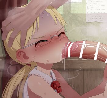 1boy 1girl absurdres bar_censor blonde_hair blush censored curtains erection fellatio glasses green_eyes hetero highres indoors large_variant_set licking licking_penis loli made_in_abyss mizumizuni nose_blush oral penis precum riko_(made_in_abyss) saliva solo_focus sweat tongue tongue_out twintails variant_set veins veiny_penis whistle whistle_around_neck