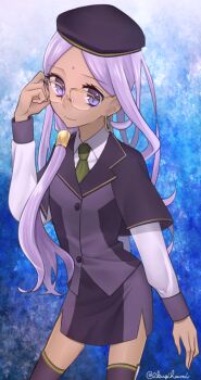 10s 1girl bindi blue_background blue_eyes capelet dark_skin earrings fate/extra fate_(series) forehead_mark glasses hat long_hair necktie purple_hair rani_viii skirt thighhighs