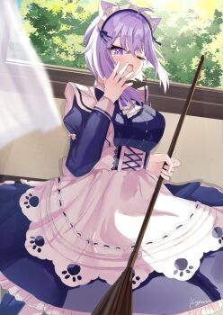 1girl alternate_costume animal_ears apron black_dress broom cat_ears cat_girl commentary_request dress holding holding_broom hololive looking_at_viewer maid maid_apron maid_headdress medium_hair nekomata_okayu one_eye_closed open_mouth purple_eyes purple_hair solo virtual_youtuber white_apron wwsj3877