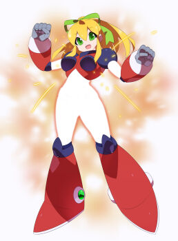 absurdres armor armored_boots armored_gloves arms_up blonde_hair blurry blurry_background boots breasts glowing green_eyes green_ribbon hair_ribbon henshin henshin_pose highres hyper_roll_(marvel_vs._capcom) joints kaidou_zx knee_boots knee_pads large_breasts large_variant_set long_hair looking_at_viewer marvel_vs._capcom mechanical_arms mechanical_boots mechanical_legs mega_man_(classic) mega_man_(series) ponytail red_armor red_boots ribbon robot robot_girl robot_joints roll_(mega_man) shoulder_armor sidelocks simple_background smile sparks transformation variant_set white_background