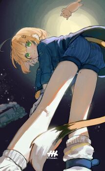 1girl ahoge bent_over black_hair blonde_hair blue_jacket blue_overalls dooby dooby_(1st_costume) gloves green_eyes hand_on_own_knee highres indie_virtual_youtuber jacket loli long_tail looking_at_viewer looking_back mole mole_on_thigh mouse_girl mouse_tail multicolored_hair naname_(7name) overalls short_hair socks solo space streaked_hair tail train train_conductor virtual_youtuber watermark white_gloves white_socks