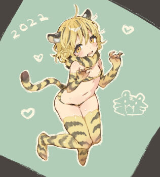 Rule 34 | 1girl, animal ear fluff, animal ears, animal print, blonde hair, blush, commentary request, full body, green background, hands up, heart, looking at viewer, navel, no shoes, oimo (14sainobba), open mouth, original, outline, panties, print panties, print thighhighs, short hair, solo, tail, thighhighs, tiger ears, tiger girl, tiger print, tiger tail, underwear, white outline, yellow eyes