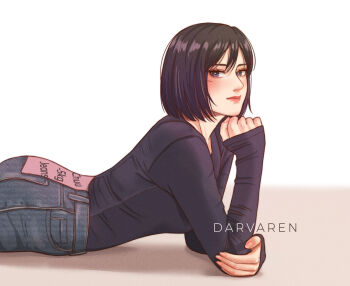 1girl artist_name black_hair black_shirt blue_pants closed_mouth crossed_arms darvaren denim facial_scar grey_eyes hair_between_eyes head_on_hand jeans light_blush lying mikasa_ackerman on_stomach pants pink_lips scar scar_on_cheek scar_on_face shingeki_no_kyojin shirt solo upper_body white_background