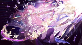 1girl absurdres armpits bare_shoulders bow_(weapon) cyrene_(honkai:_star_rail) dress flower hair_flower hair_ornament highres holding holding_bow_(weapon) holding_weapon honkai:_star_rail honkai_(series) long_hair parted_lips pink_hair pointy_ears smile very_long_hair weapon white_dress zzzzzm_jiangzhouzi