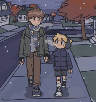 2boys age_difference bandaid bandaid_on_knee bandaid_on_leg black_eyes blonde_hair blue_shorts blush brown_hair brown_pants coat dot_nose earmuffs fingerless_gloves full_body gloves green_jacket highres holding_hands jacket luan_(umiko_zzz) multiple_boys original outdoors pants rafa_(umiko_zzz) scarf shoes shorts smile sneakers snowing socks steam tree umiko_zzz walking white_socks winter_clothes winter_coat
