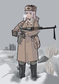 1girl ammunition_pouch aojiao_lin_yuansu bag belt_pouch bipod black_boots boots breath building coat crossover factory fur_hat girls&#039;_frontline gloves greatcoat grey_pants gun gun_sling hat hearts_of_iron jungle_style kalashnikov_rifle light_machine_gun machine_gun medium_hair military_uniform pants pink_hair pouch purple_eyes rpk rpk-16_(girls&#039;_frontline) russia shoulder_bag siberian_black_league sidelocks smokestack snow soldier the_new_order:_last_days_of_europe ushanka weapon winter winter_clothes winter_coat