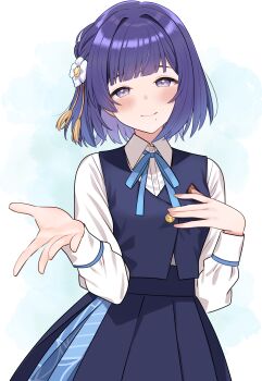 07nono06 1girl absurdres beckoning blue_overskirt blue_ribbon blue_skirt blue_vest blunt_bangs blush commentary flower gakuen_idolmaster hair_flower hair_ornament hataya_misuzu hatsuboshi_gakuen_school_uniform highres idolmaster long_sleeves looking_at_viewer mole mole_under_mouth neck_ribbon pleated_skirt purple_eyes purple_hair ribbon school_uniform shirt short_hair simple_background skirt smile solo vest white_background white_shirt