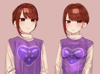absurdres blush chara_(scramble_saga) chara_(undertale) choir_outfit_(utdr) closed_mouth dress frown genderswap genderswap_(otf) heart_soma highres scramble_saga smile solo taut_clothes taut_dress undertale utdr_(toby_fox)