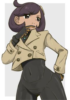 1girl black_hair bodysuit dark-skinned_female dark_skin emma_(pokemon) gloves jacket long_sleeves looking_to_the_side nintendo pokemon pokemon_legends:_z-a short_hair syuuu__ga