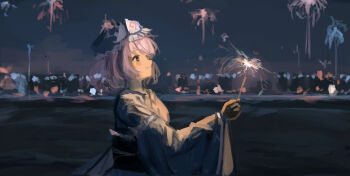1girl blue_hat blue_kimono blue_sash closed_mouth commentary_request fireworks from_above from_side hat highres holding holding_fireworks japanese_clothes kimono long_sleeves mob_cap night obi outdoors pink_eyes pink_hair saigyouji_yuyuko sash short_hair smile solo sparkler touhou triangular_headpiece upper_body vanilla_flan wide_sleeves