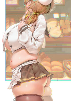 1girl apron ass belly bread bready_(nikke) breasts brown_hair brown_skirt candy commentary curvy english_commentary face_cutout food goddess_of_victory:_nikke hat highres holding holding_candy holding_food holding_lollipop huge_breasts lollipop low_twintails miniskirt navel plump shirt skindentation skirt solo stomach thick_thighs thighhighs thighs twintails underboob uzda_ricecake waist_apron white_apron white_hat white_shirt