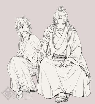 Rule 34 | 1boy, 1girl, beads, blunt bangs, chara no7, chinese clothes, chinese hairpin, closed mouth, commentary request, couple, crossed ankles, facial scar, flats, freckles, grey background, hair beads, hair ornament, hair ribbon, half updo, hetero, highres, holding hands, interlocked fingers, jinshi (kusuriya no hitorigoto), kusuriya no hitorigoto, long hair, long skirt, maomao (kusuriya no hitorigoto), open mouth, parted bangs, ribbon, robe, scar, scar on cheek, scar on face, sitting, skirt, smile