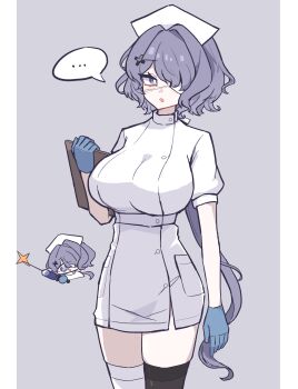 ... 1girl absurdres alternate_costume arknights border breasts bright_pupils chibi chibi_inset commentary grey_background hair_over_one_eye highres hmrsh large_breasts nurse one_eye_covered open_mouth purple_eyes ringed_eyes simple_background solo speech_bubble whisperain_(arknights) white_border white_pupils