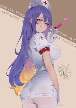 1girl absurdres alternate_costume aou13093 ass black-framed_eyewear blonde_hair breasts closed_mouth colored_inner_hair commentary dress english_commentary glasses gloves hat highres holding holding_syringe hololive hololive_english kureiji_ollie medium_breasts moona_hoshinova multicolored_hair nurse nurse_cap purple_eyes purple_hair sideboob smile solo syringe virtual_youtuber white_dress white_gloves white_hat