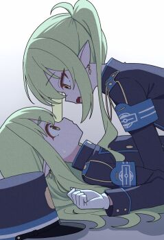 Rule 34 | 2girls, absurdres, armband, blue archive, blue armband, earrings, eye contact, gloves, green hair, hat, highres, hikari (blue archive), jewelry, long hair, long sleeves, looking at another, lying, multiple girls, nozomi (blue archive), open mouth, peaked cap, pointy ears, siblings, sidelocks, sisters, sweat, train conductor, twins, upper body, vector (dmlddmld00), yellow eyes