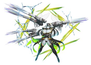 1girl bare_legs black_hair black_sclera breasts bug cleavage colored_sclera colored_skin female_focus full_body green_eyes grey_skin highres bug large_breasts lips long_hair machine multicolored_hair obui pointy_ears robot silver_hair simple_background smile solo taimanin_(series) taimanin_asagi taimanin_rpgx thong two-tone_hair weapon white_background wisp_(taimanin_asagi)