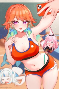 3girls absurdres aki_hoshino alternate_costume arm_up armpits blue_hair breasts cellphone cleavage earrings feather_earrings feathers fins fish_tail gawr_gura gradient_hair green_hair highres holding holding_phone hololive hololive_english jewelry large_breasts long_hair looking_at_viewer midriff mori_calliope mori_calliope_(1st_costume) multicolored_hair multiple_girls navel open_mouth orange_hair phone pink_hair selfie shark_tail short_shorts shorts shoulder_spikes smartphone smile solo_focus spiked_cape spikes streaked_hair tail takanashi_kiara taking_picture tiara virtual_youtuber