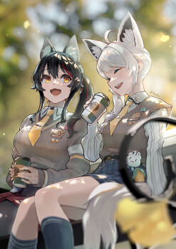 2girls :d absurdres ahoge animal_ear_fluff animal_ear_piercing animal_ears aran_sweater black_hair black_pantyhose blue_skirt blue_socks blurry blurry_background brown_sweater brown_sweater_vest brown_vest cable_knit closed_eyes collared_shirt commentary_request cup day depth_of_field disposable_coffee_cup disposable_cup fox_ears fox_girl highres holding holding_cup hololive kneehighs long_hair long_sleeves looking_at_another multicolored_hair multiple_girls necktie official_alternate_costume official_alternate_hairstyle ookami_mio ookami_mio_(10th_costume) open_mouth outdoors pantyhose plaid_clothes plaid_skirt red_hair red_skirt shirakami_fubuki shirakami_fubuki_(11th_costume) shirt short_necktie side_ponytail sidelocks sitting skirt smile socks streaked_hair sweater sweater_tucked_in sweater_vest torokko vest virtual_youtuber white_hair white_shirt wolf_ears wolf_girl yellow_eyes yellow_necktie