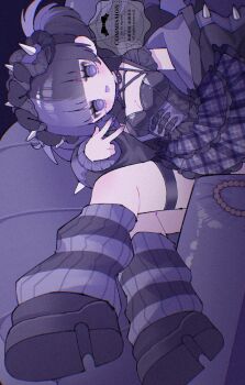1girl :p artist_name black_hair black_shirt black_shoes blunt_bangs blush breasts cleavage closed_mouth colored_tongue commentary commission full_body hand_up highres long_sleeves looking_at_viewer multicolored_hair nail_polish original plaid_clothes plaid_skirt pleated_skirt purple_eyes purple_hair purple_nails purple_skirt purple_socks purple_tongue ribbed_socks shirt shoes sitting skirt socks solo split-color_hair striped_clothes striped_socks tongue tongue_out two-tone_hair upache v watermark