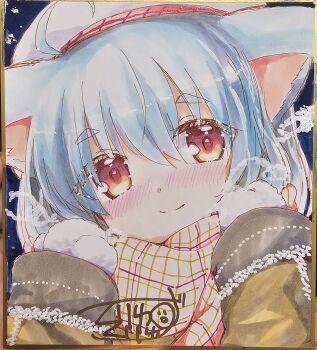 Rule 34 | 1girl, absurdres, ahoge, animal ears, beret, blue hair, blush, brown coat, closed mouth, coat, commentary request, hands up, hat, highres, kuriyuzu kuryuu, long sleeves, looking at viewer, nose blush, original, photo (medium), red eyes, scarf, shikishi, short eyebrows, smile, solo, thick eyebrows, traditional media, upper body, white hat, white scarf