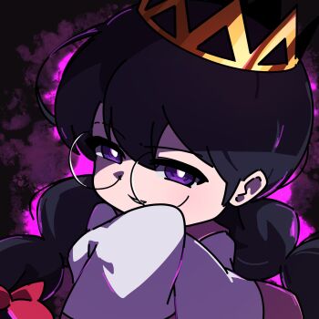 1girl black_hair bow braid crown dark_background dress evil_grin evil_smile glasses grin hair_between_eyes hair_bow half-closed_eyes highres kirby_(series) kirby_64 long_hair nintendo poyo_party purple_eyes ripple_star_queen round_eyewear smile twin_braids white_dress