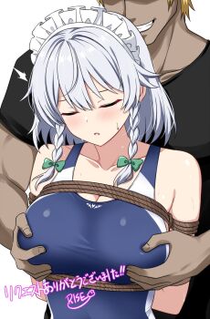 1boy 1girl alternate_costume bdsm black_shirt blonde_hair blue_one-piece_swimsuit blush bondage bound bound_arms bow braid breasts cleavage closed_eyes closed_mouth collarbone commentary_request commission faceless faceless_male grabbing_another&#039;s_breast grabbing_from_behind green_bow grey_hair grin groping hair_bow hetero izayoi_sakuya long_hair maid_headdress one-piece_swimsuit restrained rise_(rise19851203) rope shirt simple_background skeb_commission smile sweat swimsuit touhou twin_braids white_background