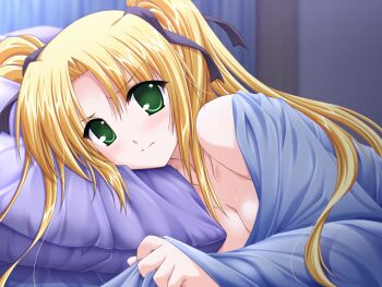 1girl alpha_(yukai_na_nakamatachi) blonde_hair blurry blurry_background blush breasts cleavage closed_mouth collarbone game_cg green_eyes grey_ribbon hair_between_eyes hair_intakes hair_ribbon indoors kannazuki_maho konna_ko_ga_itara_boku_wa_mou long_hair looking_at_viewer medium_breasts nude on_bed pillow pov_across_bed ribbon solo sweatdrop twintails under_covers upper_body very_long_hair