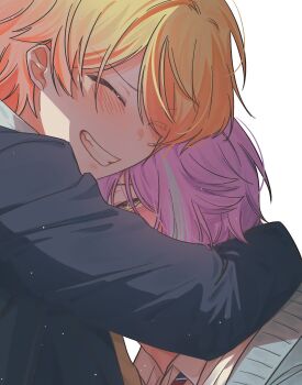 2boys blonde_hair blush closed_eyes commentary_request highres hug kamishiro_rui korean_commentary long_sleeves looking_at_another male_focus multiple_boys project_sekai purple_hair ran_dom339 smile teeth tenma_tsukasa white_background yaoi yellow_eyes