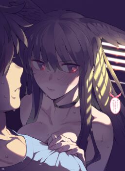 1boy 1girl bare_shoulders black_hair blonde_hair breasts choker fate/grand_order fate_(series) fujimaru_ritsuka_(male) head_wings highres large_breasts locker long_hair looking_to_the_side mitsurugi_sugar red_eyes short_hair sidelocks thrud_(fate) translation_request valkyrie_(fate) wings