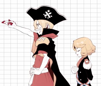 1boy 1other arm_behind_back ascot black_cape black_coat blonde_hair blood cape closed_eyes coat dr._stone drill_hair epaulettes francois_(dr._stone) from_side gloves grid_background hand_on_own_hip hat lipstick makeup nanami_ryuusui ninomae_gin open_mouth outstretched_arm pirate_hat profile red_lips sanpaku sash short_hair short_sleeves smile teeth white_gloves