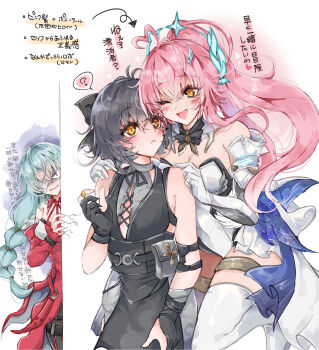 3girls aemeath_(wuthering_waves) ahoge arm_strap bare_shoulders black_bow black_gloves black_hair blush bow braid breasts cleavage commentary_request detached_sleeves dress elbow_gloves female_rover_(wuthering_waves) gloves green_hair hair_bow hair_ornament highres jealous knee_up leotard long_hair looking_at_another low_ponytail medium_breasts mirui multiple_girls partially_fingerless_gloves phrolova_(wuthering_waves) pink_hair ponytail red_dress rover_(wuthering_waves) showgirl_skirt skirt stalking strapless strapless_leotard thighs white_background white_gloves white_leotard white_skirt wuthering_waves yellow_eyes yuri