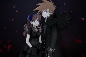 1boy 1girl ahoge alternate_costume alternate_hairstyle black_coat black_dress black_gloves blue_eyes blue_oak breasts brown_hair buttons coat collarbone corset dark_background dress ear_piercing earrings eyelashes falling_petals fingerless_gloves flower frilled_dress frills gloves goth_fashion green_(pokemon) green_eyes hair_between_eyes hair_flower hair_ornament hairband highres jewelry long_dress long_hair long_sleeves looking_at_viewer male_focus medium_breasts necklace nintendo orange_hair petals piercing pokemon pokemon_adventures purrrloin serious short_hair short_sleeves sidelocks spiked_hair standing wavy_hair