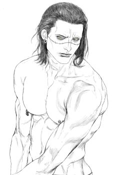 1boy chinese_commentary commentary_request crocodile_(one_piece) earrings greyscale hair_slicked_back highres hip_bones jewelry longwandb male_focus medium_hair monochrome muscular muscular_male navel nipple_piercing one_piece pectorals piercing scar scar_on_face scar_on_nose single_nipple_piercing solo topless_male