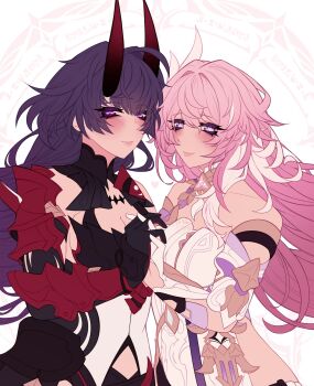 2girls black_dress breasts cleavage commentary commission corset dress elysia_(herrscher_of_human:_ego)_(honkai_impact) elysia_(honkai_impact) highres honkai_(series) honkai_impact_3rd horns interlocked_fingers large_breasts long_hair minxinq multicolored_hair multiple_girls pink_hair purple_eyes purple_hair raiden_mei raiden_mei_(herrscher_of_thunder) red_horns simple_background smile triquetra two-tone_hair very_long_hair white_background white_corset white_hair yuri