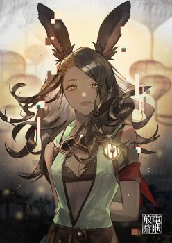 1girl absurdres animal_ears arm_bow arm_tattoo belt black_bra black_hair bra brown_belt cahciua dark-skinned_female dark_skin final_fantasy final_fantasy_xiv goggles goggles_around_neck highres looking_at_viewer penzai_fengli rabbit_ears rabbit_girl shirt sleeveless sleeveless_shirt smile tattoo underwear viera yellow_eyes