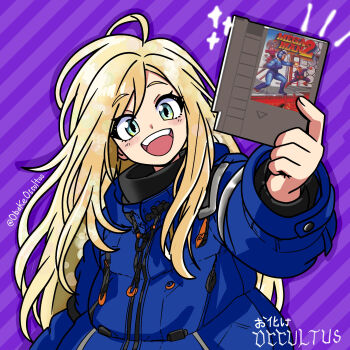 1girl :d aqua_eyes artist_name blonde_hair blue_coat coat commentary_request company_connection cover diagonal-striped_background diana_(pragmata) drawstring drop_shadow game_cartridge hand_up head_tilt highres holding_game_cartridge long_hair looking_at_viewer mega_man_(character) mega_man_(classic) mega_man_(series) mega_man_2 obakeoccultus open_mouth padded_coat pragmata puffy_coat puffy_nipples purple_background smile solo striped_background teeth upper_teeth_only video_game_cover