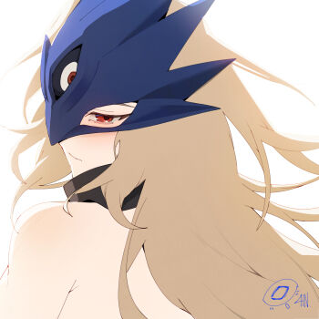 1girl ain_artisto beelstarmon blonde_hair blue_mask blush digimon digimon_(creature) from_behind highres implied_nudity looking_at_viewer red_eyes simple_background solo third_eye topless_female upper_body white_background