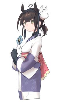 Rule 34 | 1girl, absurdres, ahoge, black bodysuit, black hair, bodysuit, commentary request, fox mask, green eyes, hair flaps, hatsuzuki (kancolle), hatsuzuki (yukata) (kancolle), highres, holding, holding pinwheel, japanese clothes, kantai collection, kimono, long sleeves, ma rukan, mask, mask on head, obi, pinwheel, ponytail, sash, short hair, short ponytail, signature, simple background, solo, white background, wide sleeves, yukata