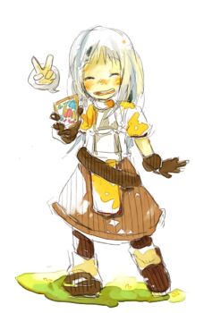 1girl 91s armor belt blush boots breastplate brown_belt brown_boots brown_gloves brown_shirt brown_skirt card closed_eyes commentary_request full_body gloves holding holding_card long_hair open_mouth ragnarok_online shirt simple_background skirt smile solo standing swordsman_(ragnarok_online) white_background white_hair